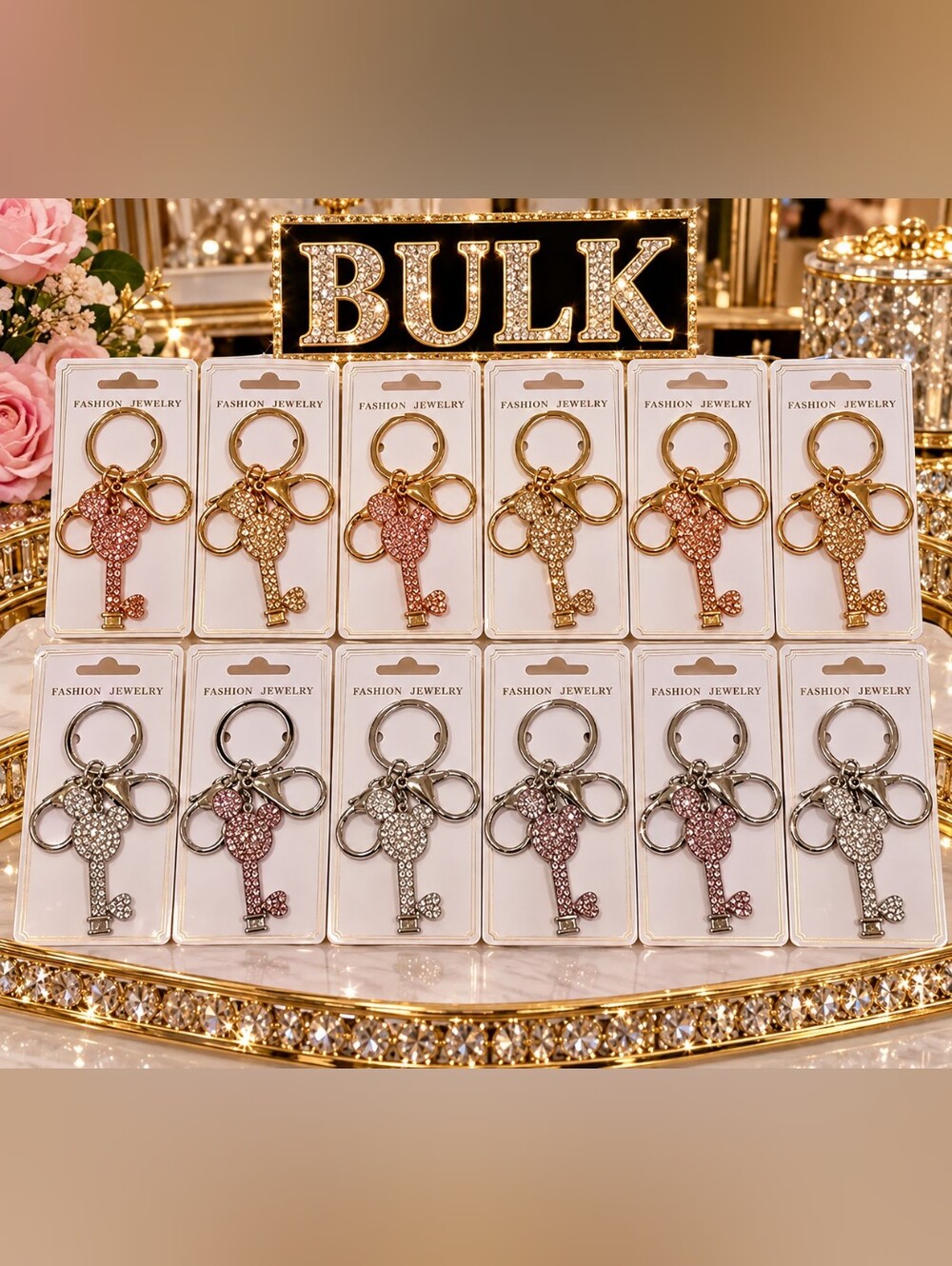 BULK Mickey Ears/Heart Crystal Key Charm Keychain - 6 Gold & 6 Silver